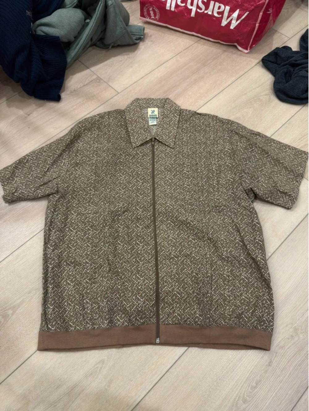 Haband Men’s Full Zip Short Sleeve Shirt Jacket Size Large Brown Geometric Print